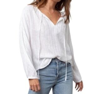 RAILS Finn Striped Linen Long Sleeve‎ Top in Rose Gold Metallic | White Blouse S